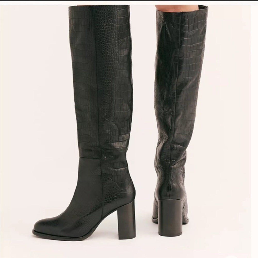 Free People Grayson Black Croc Leather tall knee high boots